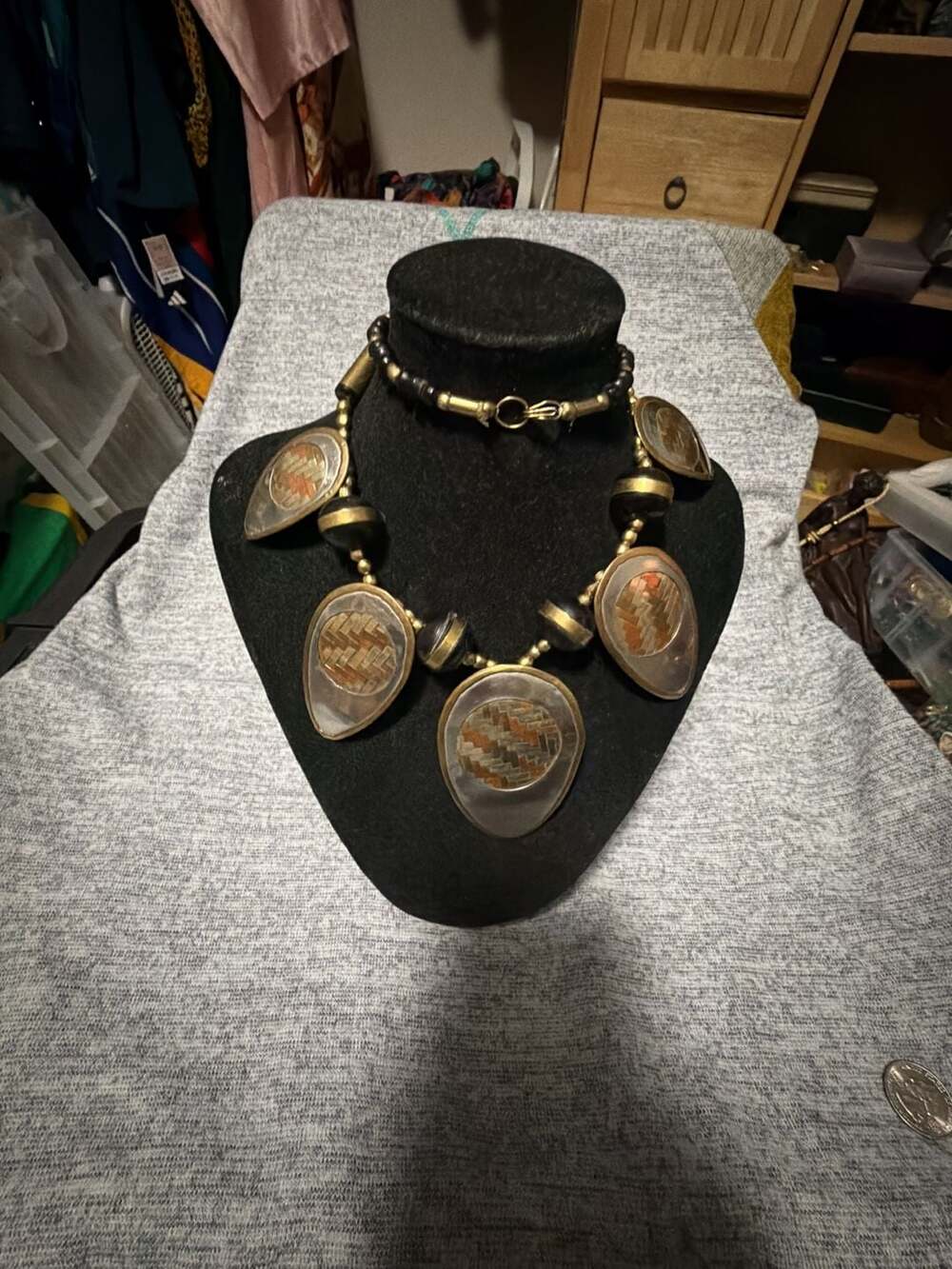 Vintage Statement Necklace Brass Copper Black Bone Bead Tribal Boho